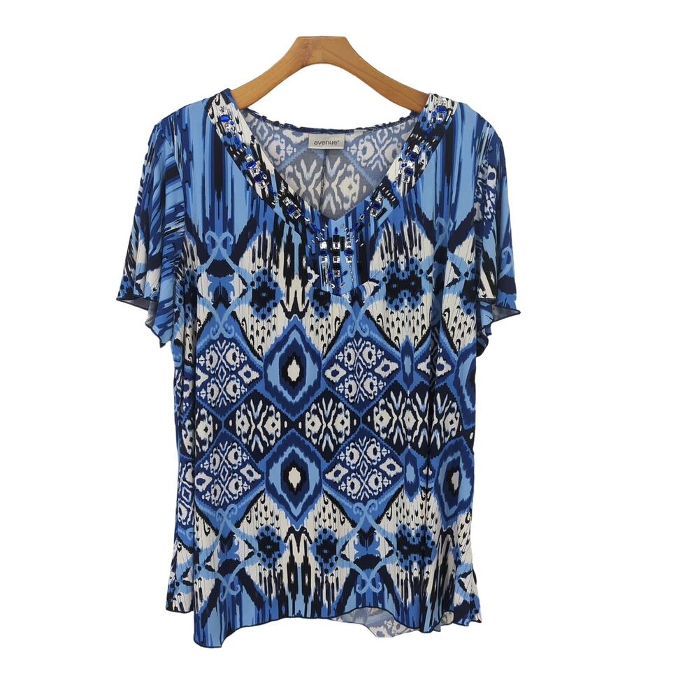 NWT‎ Avenue Blouse Blue Women 26/28 Geometry Faux Gems on Collar